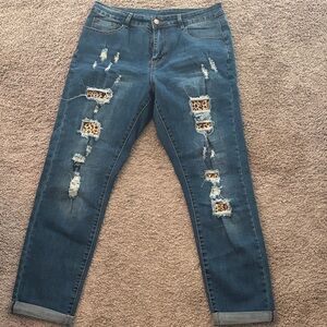 Stylish Blue Distressed Jeans with sunflower Accents